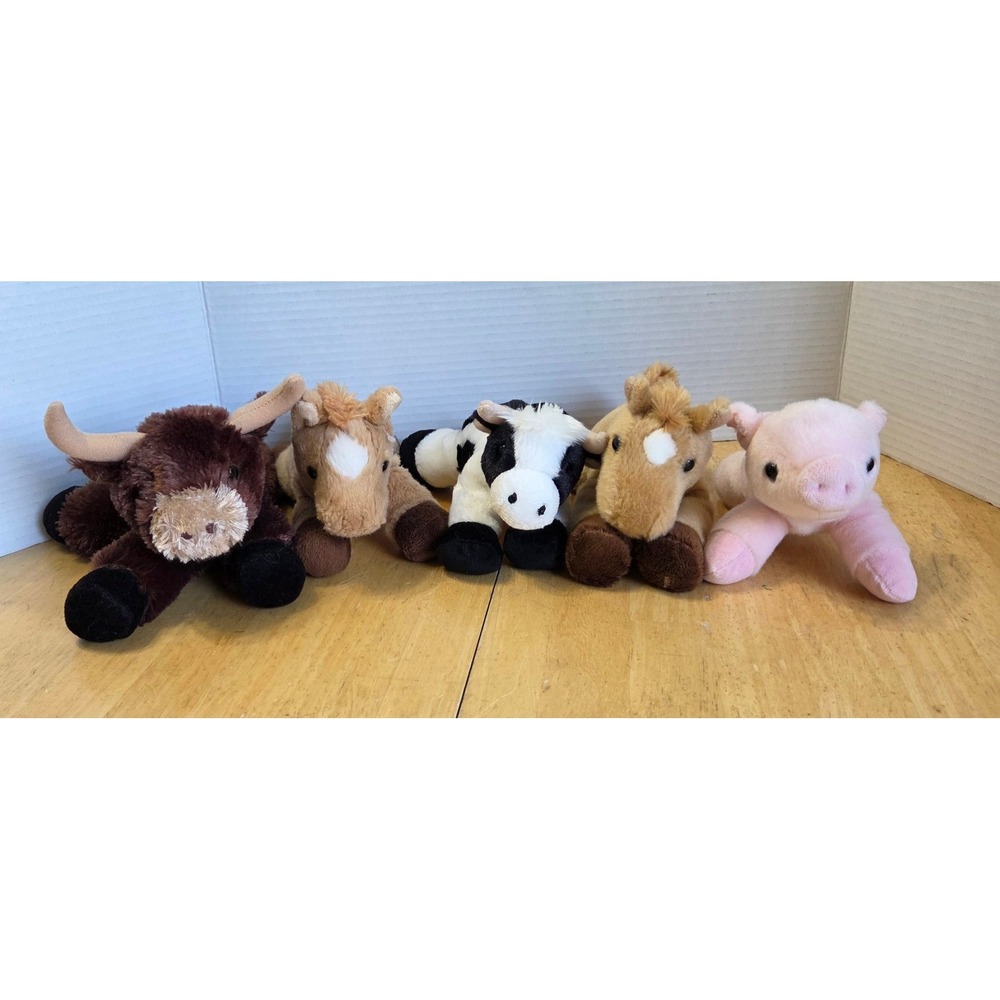 Aurora Lot 5 Mini Flopsie Farm Plush Stuffed Animals Longhorn Two Horse Cow Pig